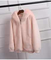 lovepeapomelo 2019 New Faux Fur Coat With Hood High Waist Fashion Slim Black Red Pink Faux Fur Jacket Fake Rabbit Fur D390