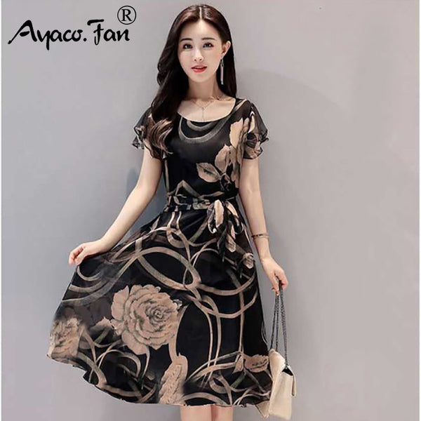 Plus Size Elegant Dresses Summer 2019 New Sexy O-Neck Ruffles Sleeve Floral Print Women's Dress Female Lady Casual Slim Sundress