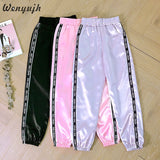 Wenyujh Big Pocket Women's Satin Highlight Glossy Loose Training Pants Ribbon Trousers Harajuku Joggers Women Running Sportswear