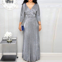 2019 Reflective Long Dress Women Pleated Sexy Deep V Neck Elegant Autumn High Waist Belt Glitter Evening Party Pink Maxi Dresses