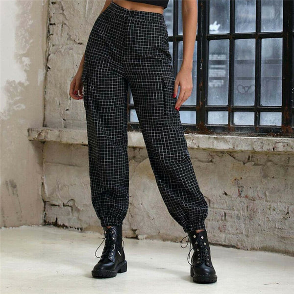 New Women Ladies Stretch Long Pants Trousers Fashion Plaids High waist Zipper Black Hip Hop Harem Casual Workout Bottom Clothes