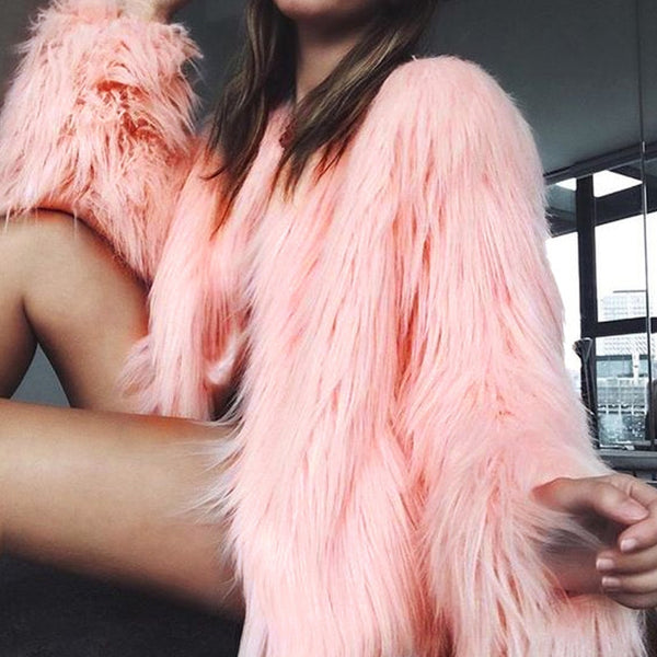 Fashion Furry Faux Fur Coat Women Fluffy Warm Long Sleeve Female Outerwear Autumn Winter Coat Jacket Hairy Collarless Overcoat