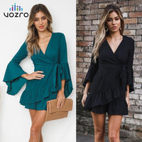 VOZRO 2019 Solid Color V Lead Sexy Bind Form Lace Design Waist Long Sleeve Winter Maxi Party Dress Women Vestidos Dresses Befree