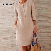 ELSVIOS 2019 Winter Autumn Button Cotton Linen Dress women Elegant O-Neck Knee length Long Sleeve Pocket Solid Dress Plus Size