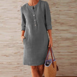 ELSVIOS 2019 Winter Autumn Button Cotton Linen Dress women Elegant O-Neck Knee length Long Sleeve Pocket Solid Dress Plus Size