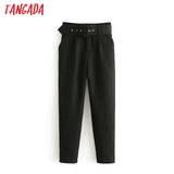 Tangada black suit pants woman high waist pants sashes pockets office ladies pants fashion middle aged pink yellow pants 6A22