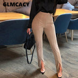 Women Front Slit Pencil Pants Solid Color High Waist Pants Elegant Office Ladies Tight Trousers Workwear