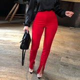 Women Front Slit Pencil Pants Solid Color High Waist Pants Elegant Office Ladies Tight Trousers Workwear