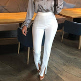 Women Front Slit Pencil Pants Solid Color High Waist Pants Elegant Office Ladies Tight Trousers Workwear